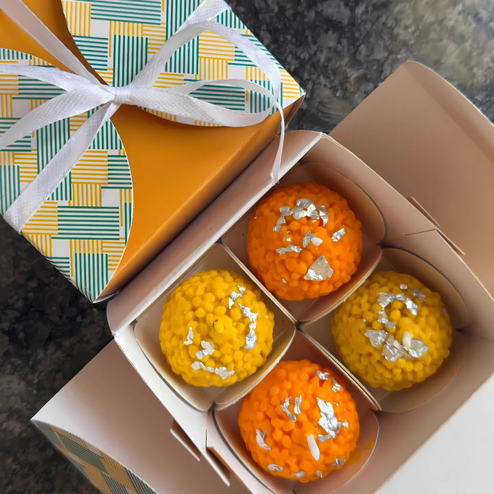Pack of 4 Motichoor Laddoo Candles in festive gift box – Diwali décor & gifting.
