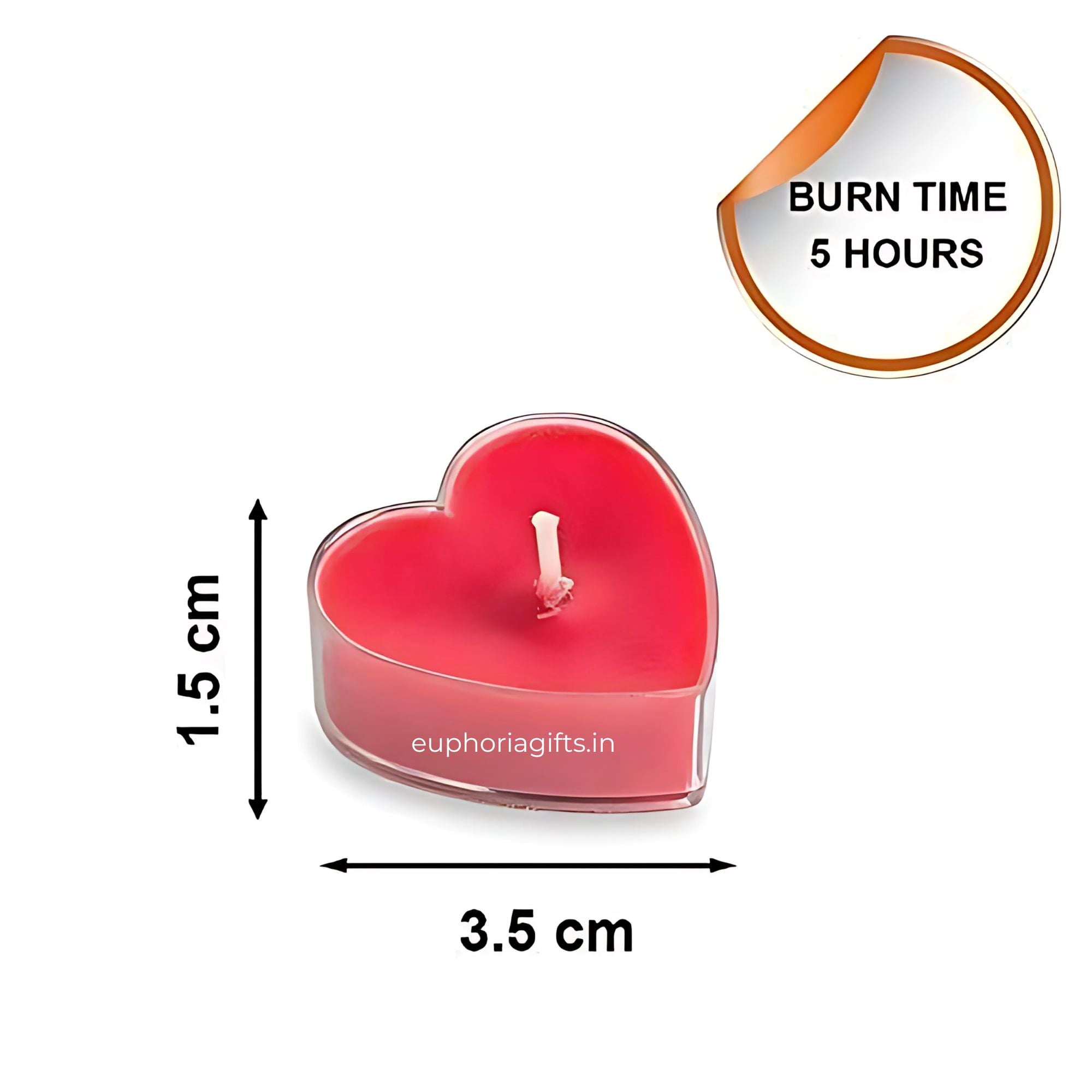 Red heart-shaped tealight candle with 5-hour burn time, dimensions 3.5 cm wide and 1.5 cm tall – ideal for Valentine's Day décor or romantic gifting.