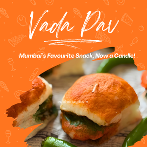 Vada Pav snack with text on an orange background