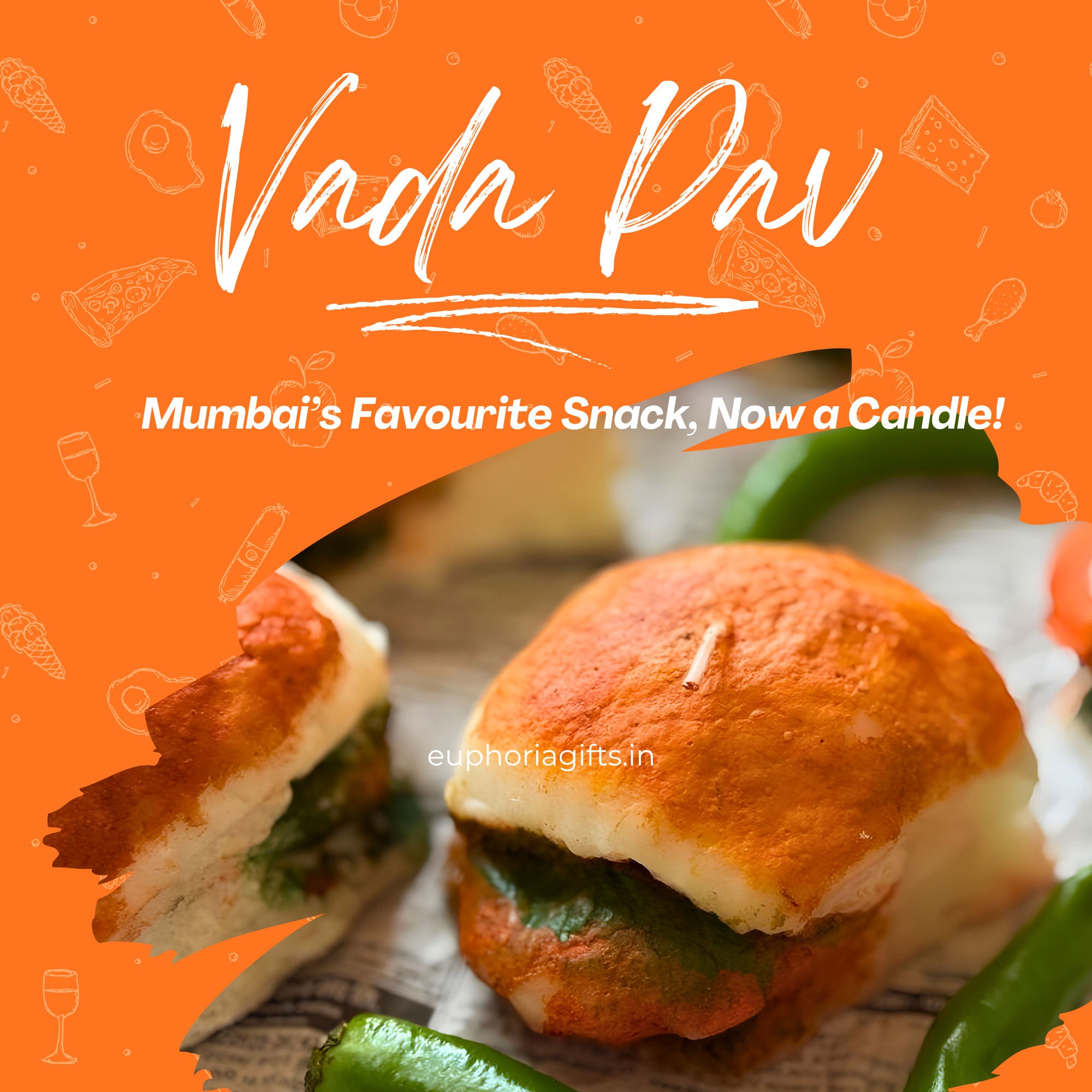 Vada Pav snack with text on an orange background