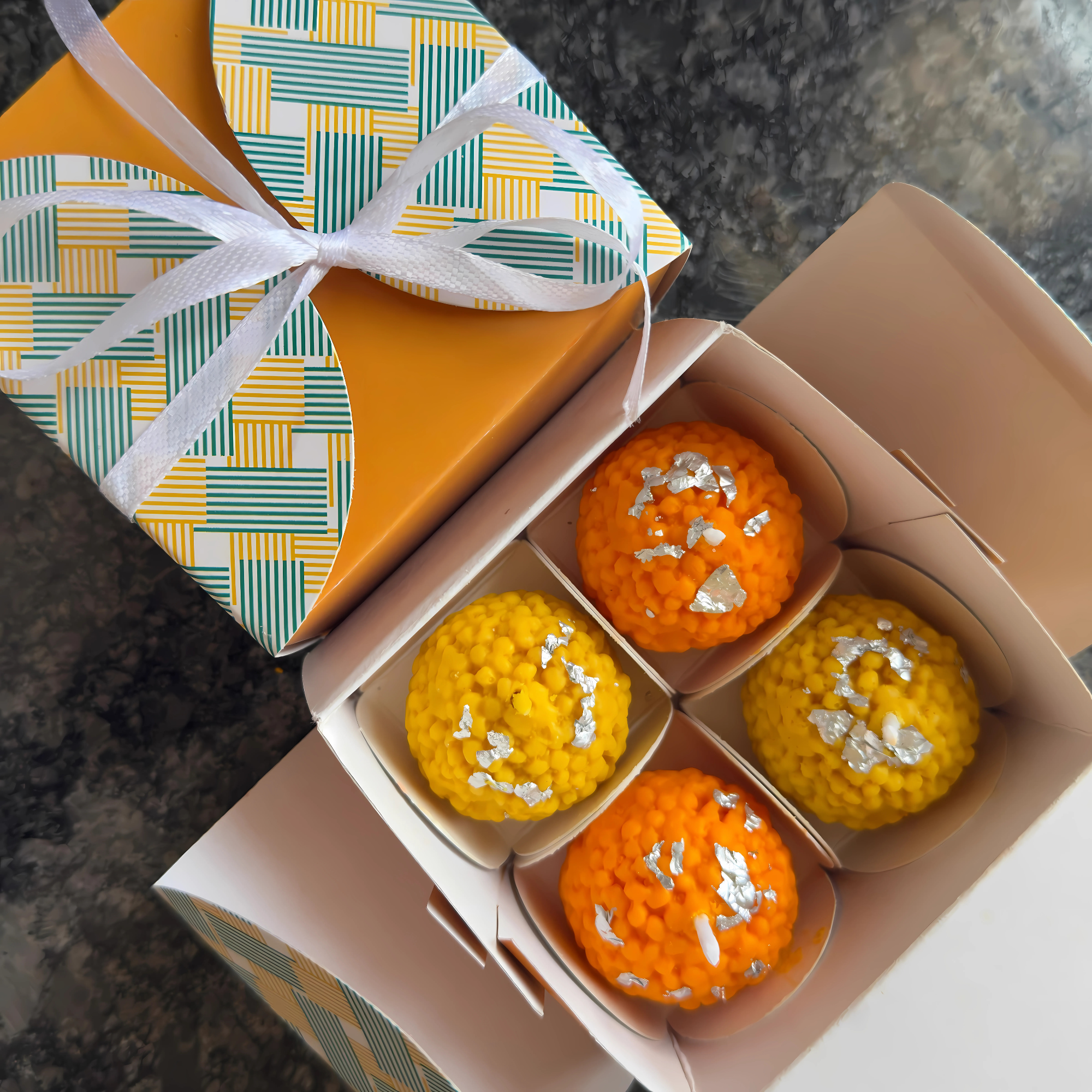 Euphoria Gifts Pack of 4 Motichoor Laddoo Candles – 2 Yellow & 2 Orange Mithai Shape Scented Candles in Gift Box – Diwali Decor, Pooja Gifting & Home Festival Decor