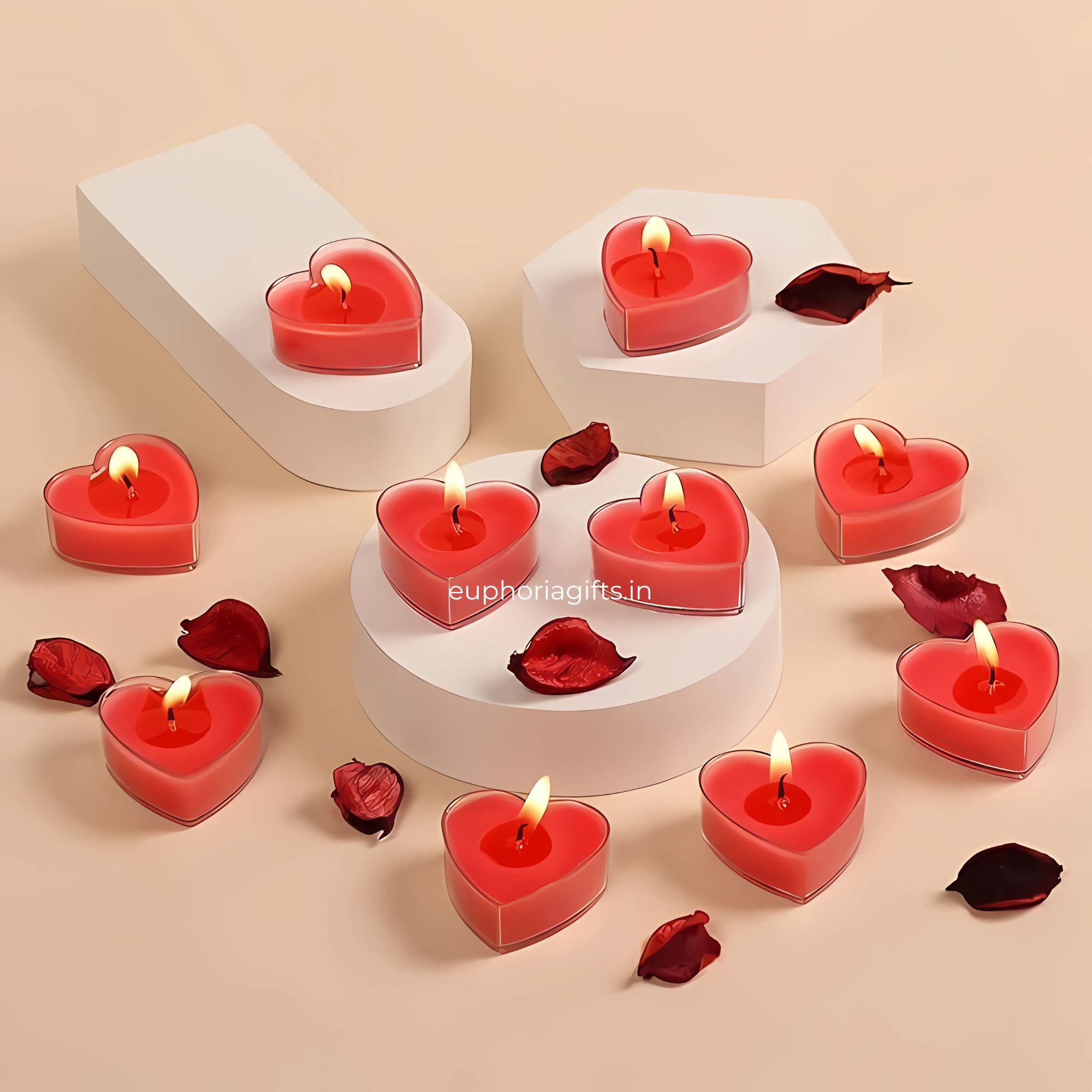 Heart-shaped candles being lit with a match, set against a light background. Set of red heart-shaped tealight candles lit with romantic ambiance, decorated with rose petals – perfect for gifting, anniversaries, and Valentine's Day celebrations.