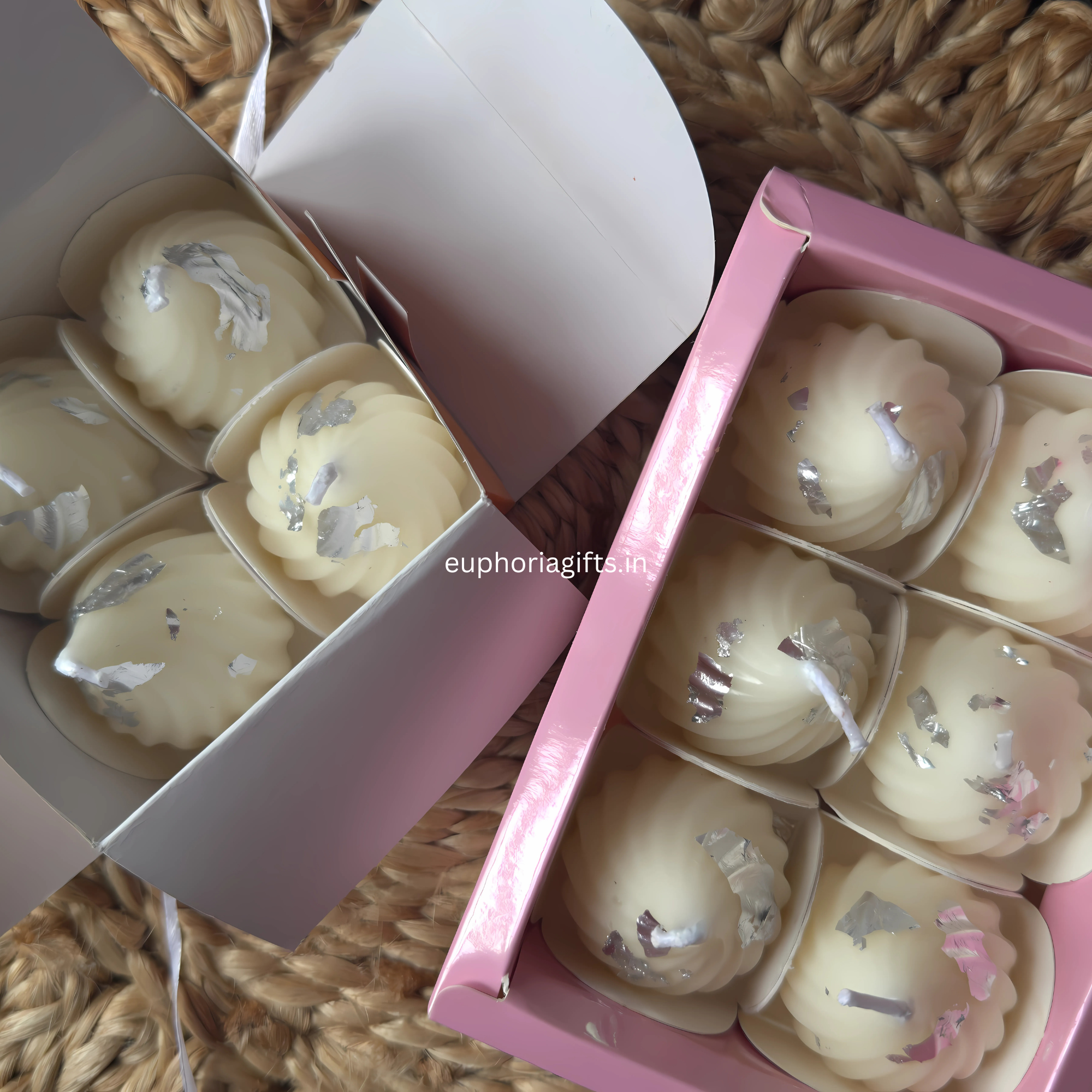 Beautifully packed modak soy candles in mithai-style gift box