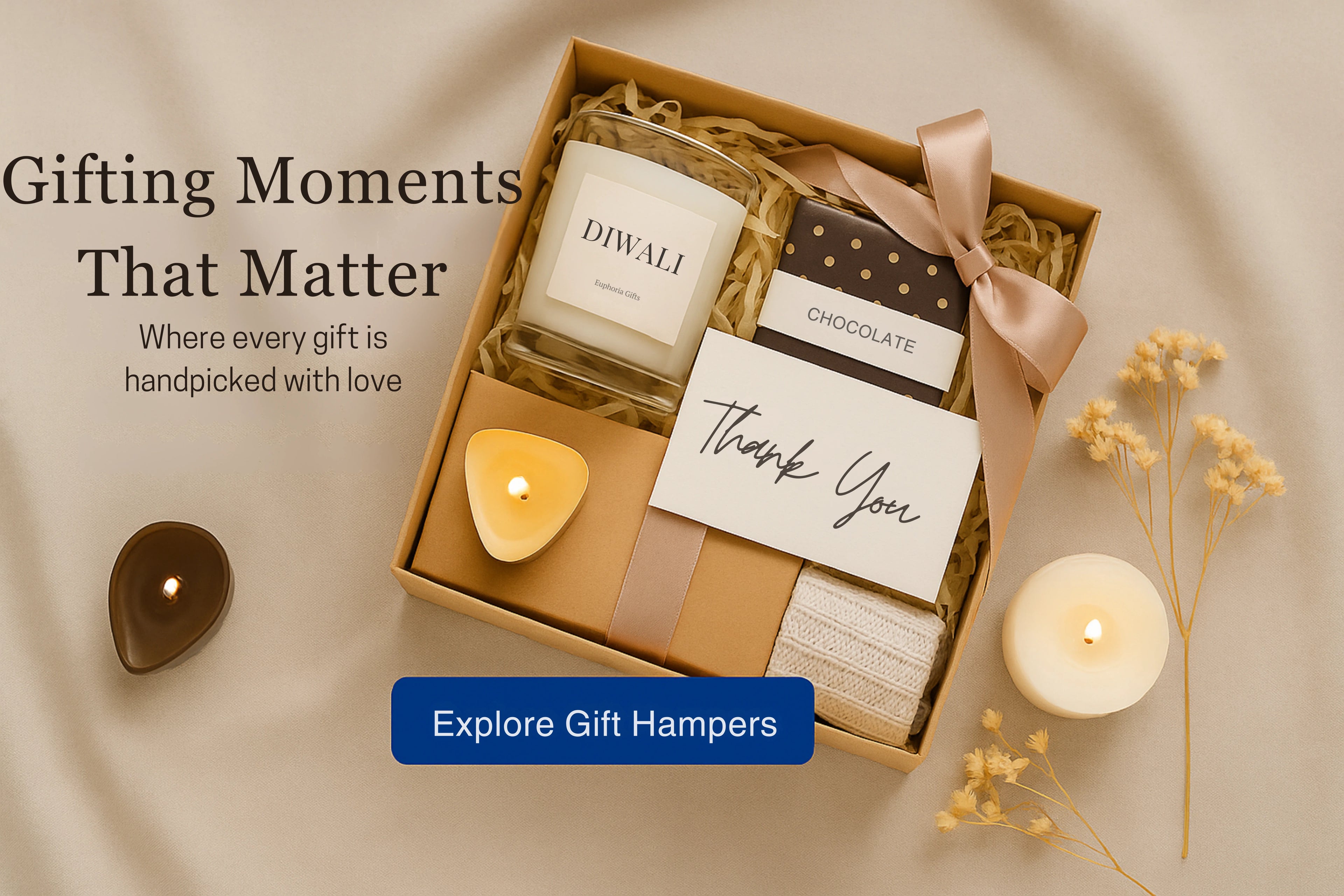 Diwali gift hamper with soy wax candle, chocolate bar, thank you card, and cozy self-care items – handmade gift box by Euphoria Gifts for festive and Pinterest-worthy gifting