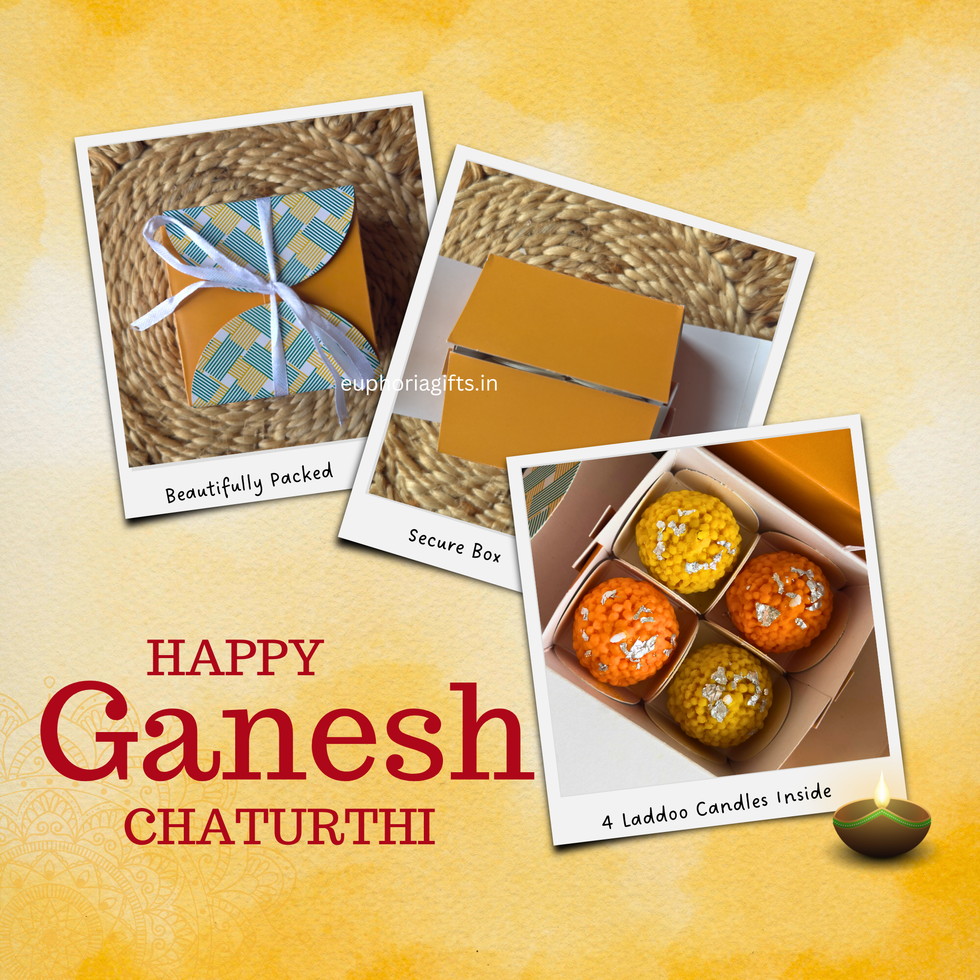Ganesh Chaturthi gift packaging with laddoo candles on a yellow . diwali gift background
