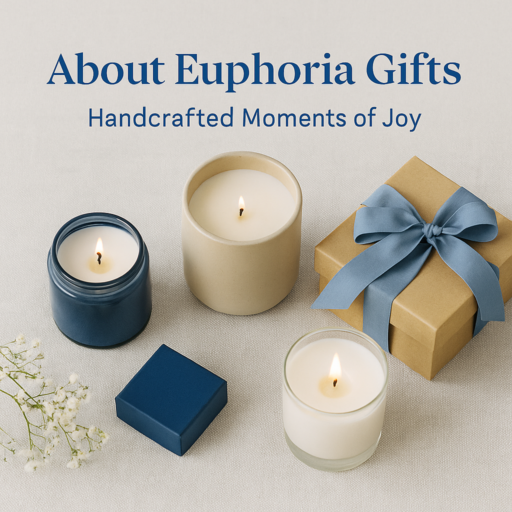 Euphoria Gifts collection banner featuring handmade scented candles, DIY kits, and gifting sets arranged aesthetically in a cozy setting