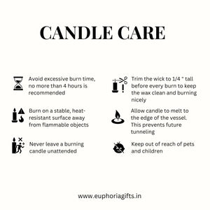 Candle care instructions with safety icons, burn time, wick trimming, and safety tips for scented candles.