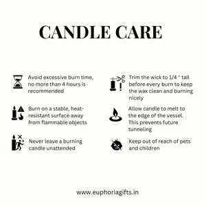  Candle care instructions with icons and safety tips for usage