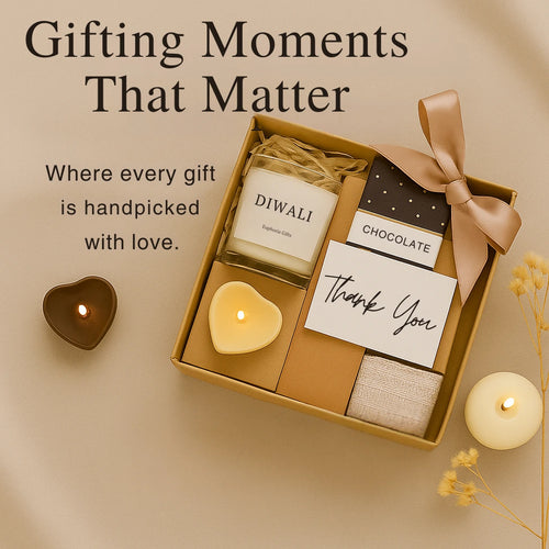 "Diwali gift hamper with soy wax candle, chocolate bar, thank you card, and cozy self-care items – handmade gift box by Euphoria Gifts for festive and Pinterest-worthy gifting