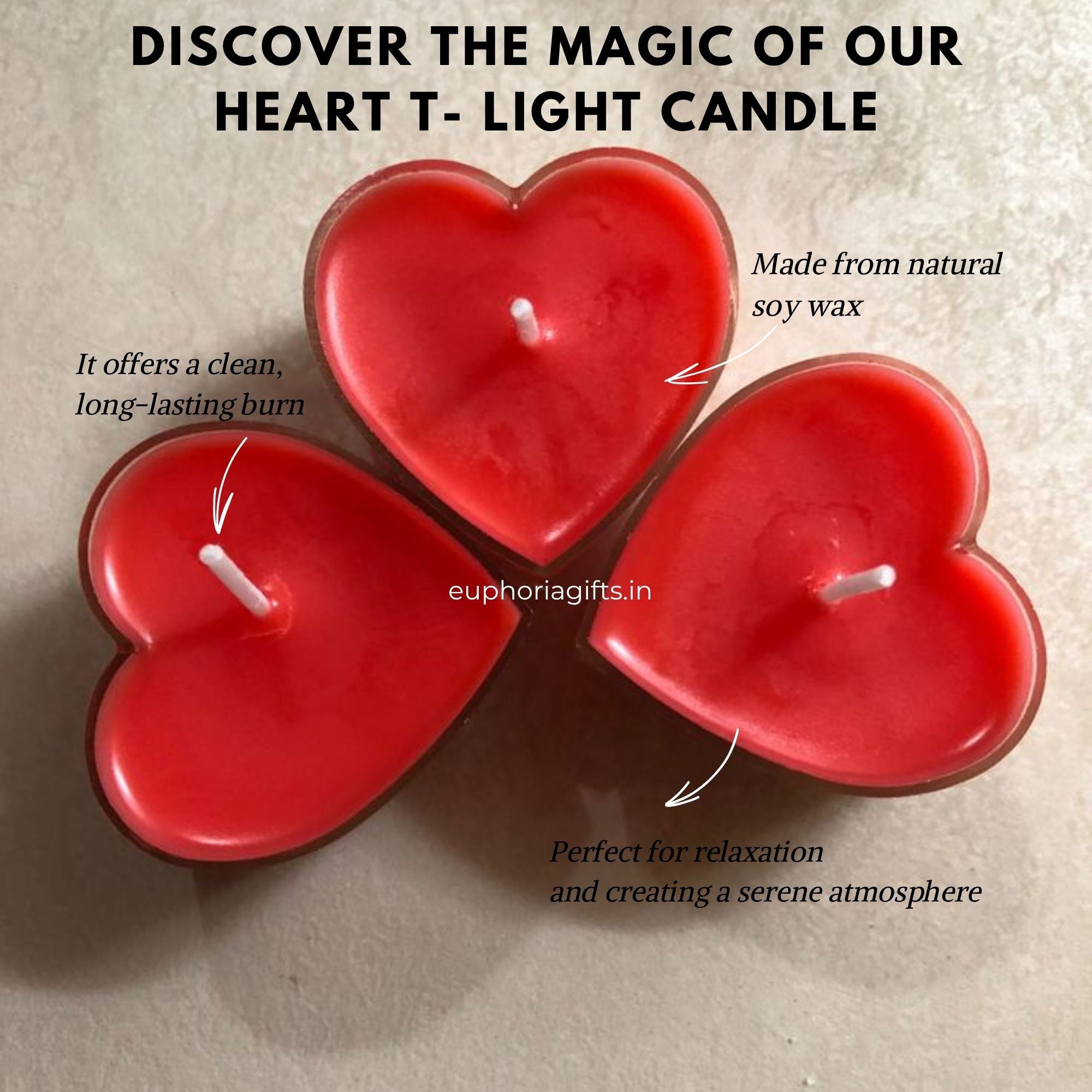 Heart-shaped candles in various colors held by a hand on a white surface with 'euphoriagifts.in' branding.