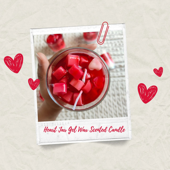 Polaroid-style layout of heart jar gel wax candle with heart doodles , valentines day gift for her