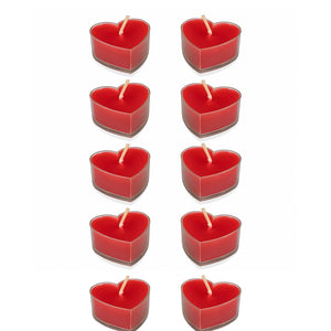 Set of ten red heart-shaped candles on a white background."Set of red heart-shaped tealight candles with wooden wicks – perfect for romantic décor, Valentine's Day gifts, and candlelight dinners