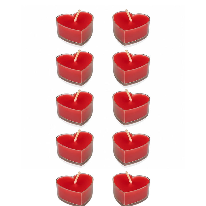 Set of ten red heart-shaped candles on a white background."Set of red heart-shaped tealight candles with wooden wicks – perfect for romantic décor, Valentine's Day gifts, and candlelight dinners