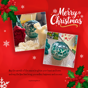 Christmas-themed card with decorative items and 'Merry Christmas' text on a red background.