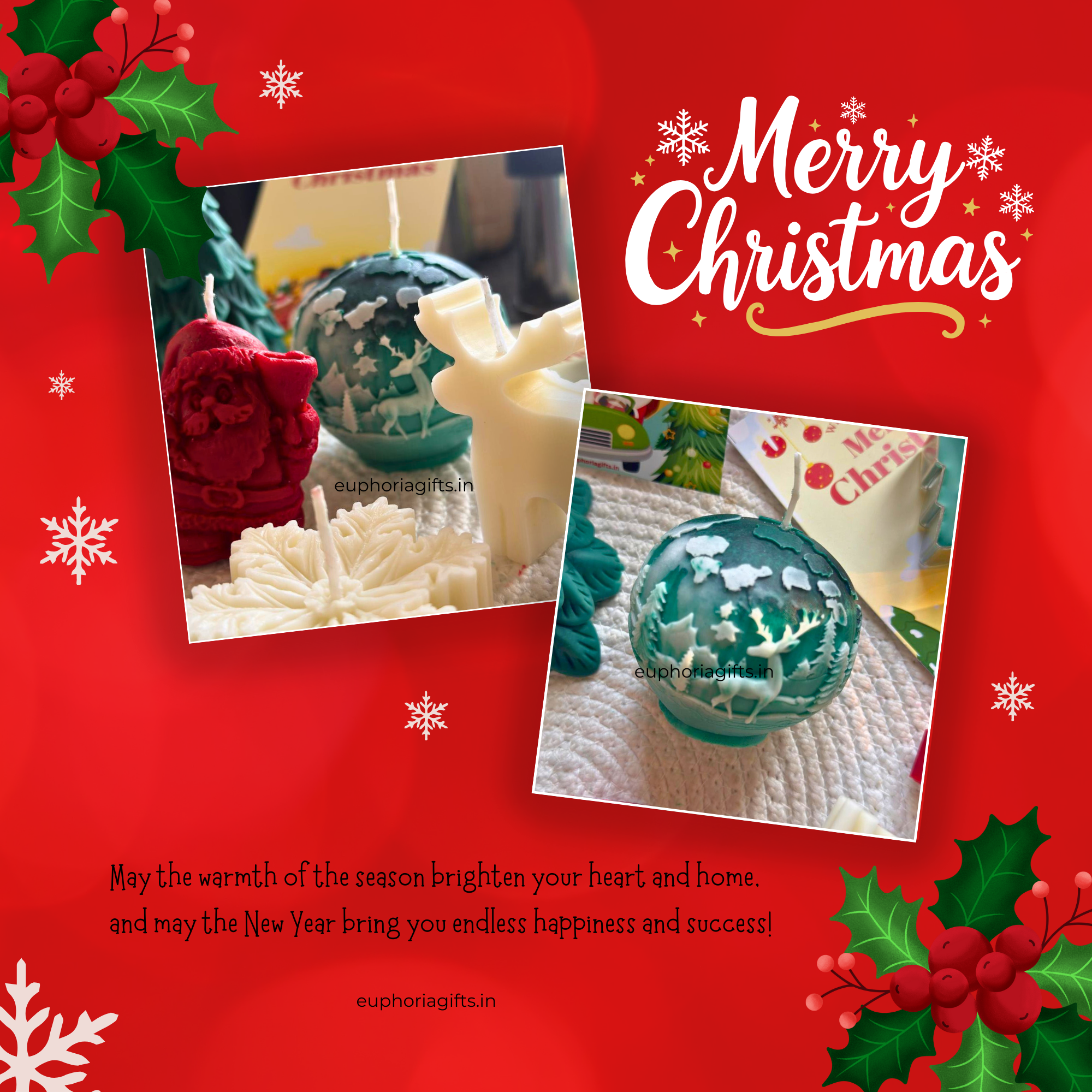 Christmas-themed card with decorative items and 'Merry Christmas' text on a red background.