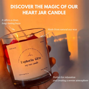 Euphoria Gifts heart jar candle in sunset light with product features highlighted