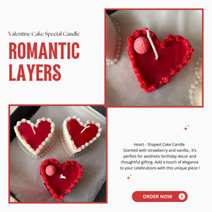 Romantic heart-shaped cake candles displayed for Valentine’s Day, decorated in red and white with “Order Now” button.