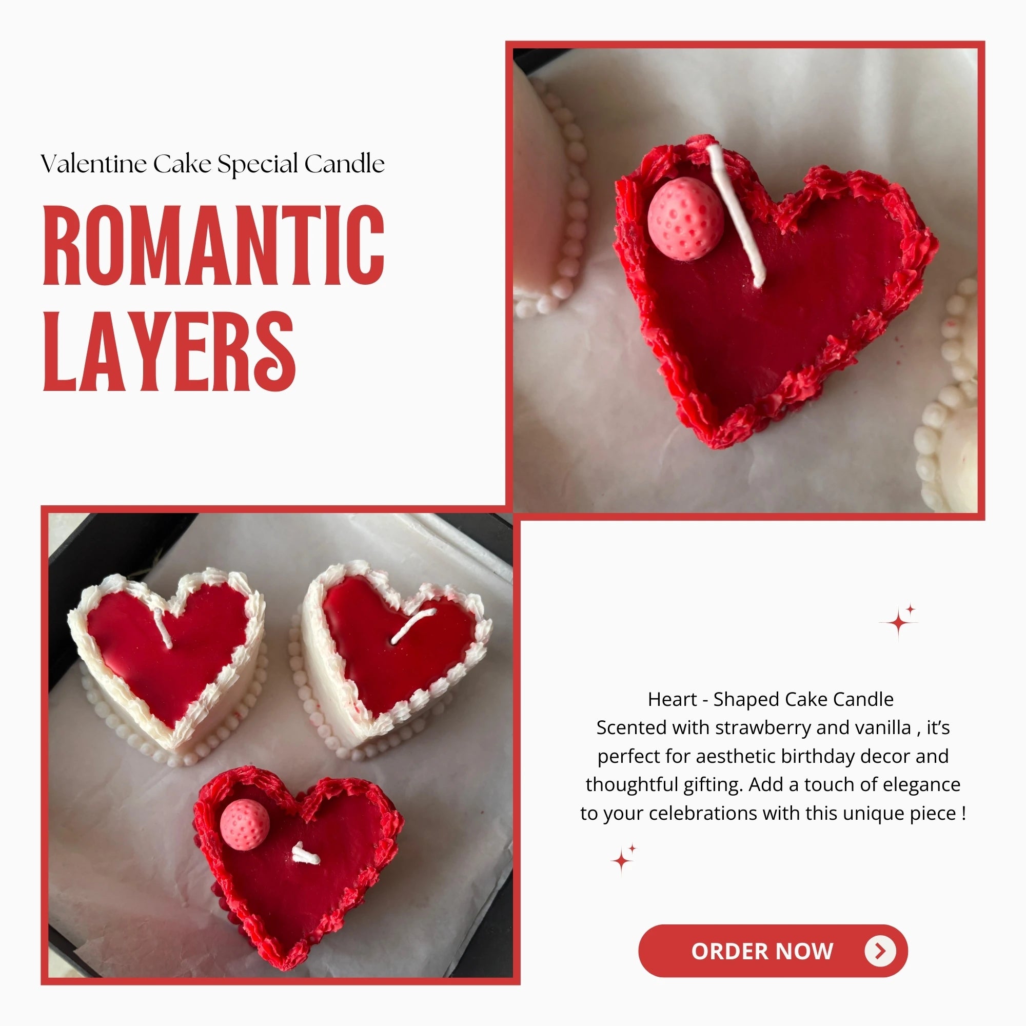 Romantic heart-shaped cake candles displayed for Valentine’s Day, decorated in red and white with “Order Now” button.