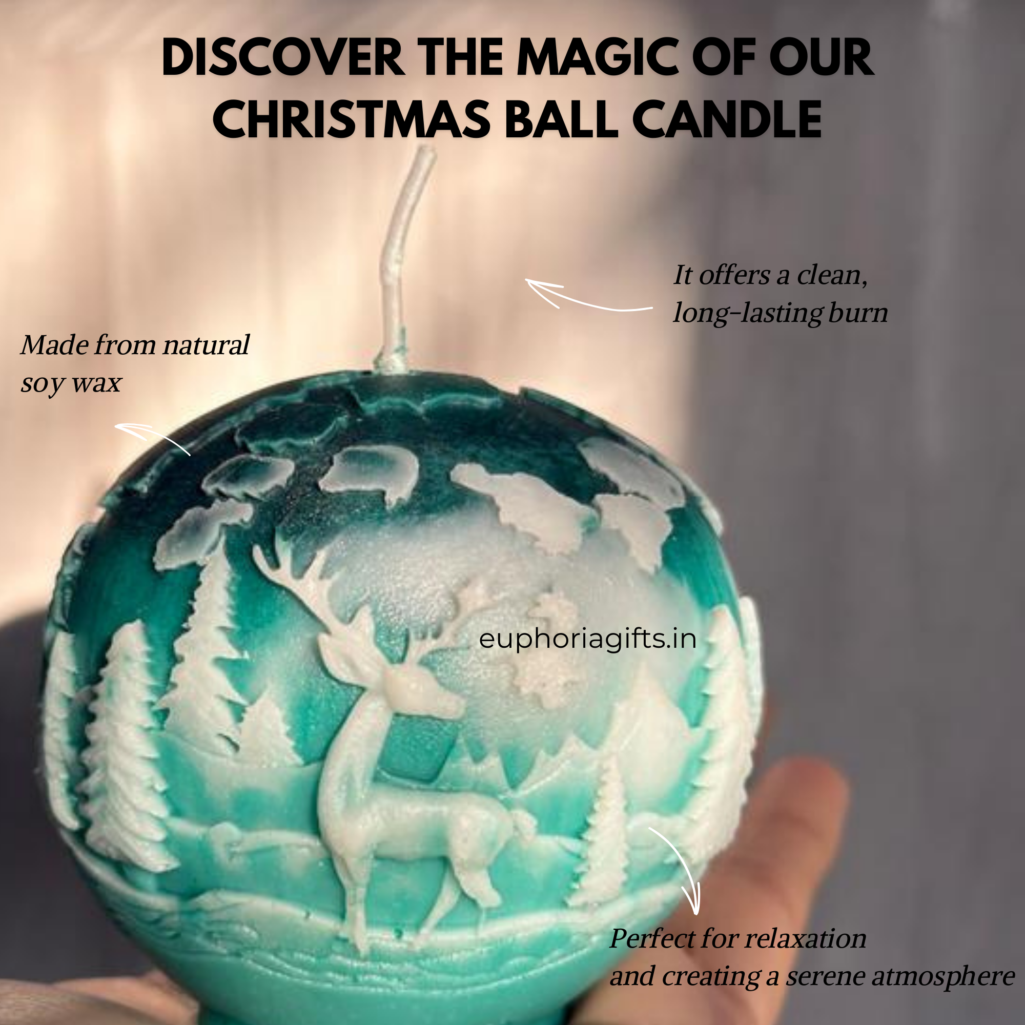 Teal Christmas ball candle with deer design, held by a hand, against a blurred background. Aesthetic holiday candle for Christmas décor