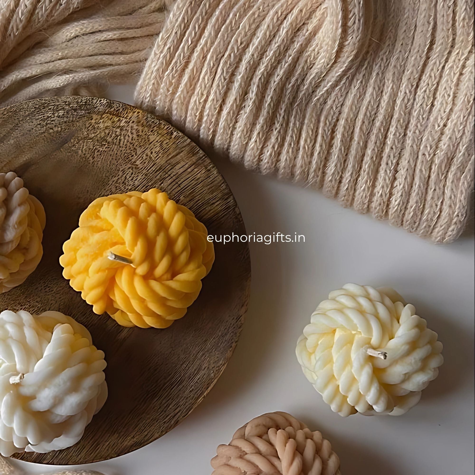 yellow and white woolen yarn candles with cozy winter theme – handmade soy wax candles by Euphoria Gifts